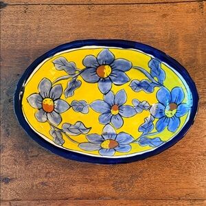 Hand-Painted Blue & Yellow Mexican Pottery Oval 2” Deep Dish